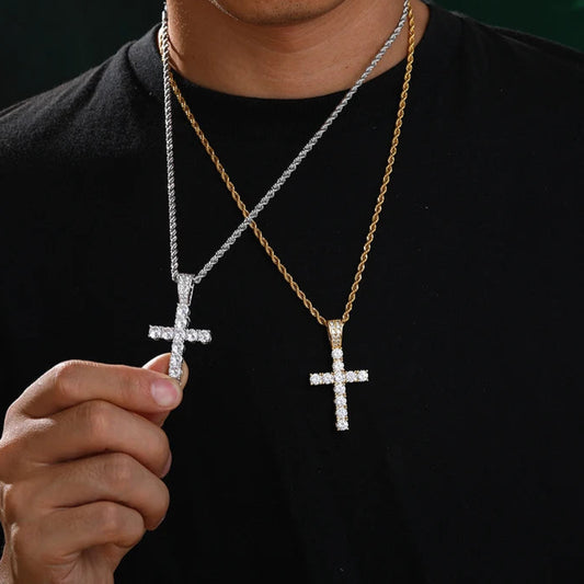 Iced Out CZ Cross Pendant w Rope Chain