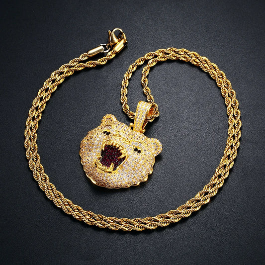 Roaring Bear Pendant w Rope Chain