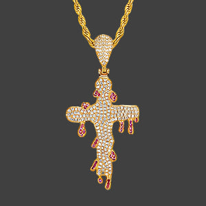 Iced Out Dripping Cross Pendant w Rope Chain