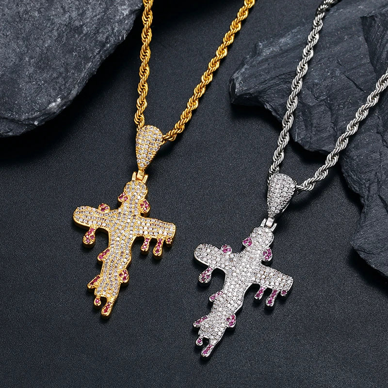 Iced Out Dripping Cross Pendant w Rope Chain
