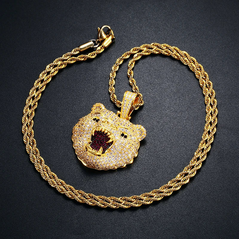 Roaring Bear Pendant w Rope Chain