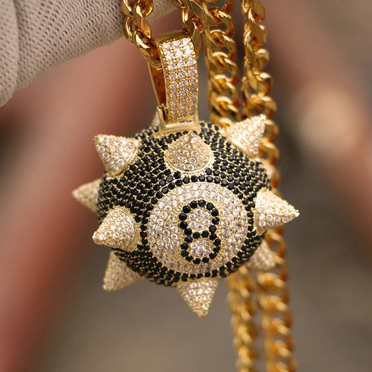 Iced Out Spiked 8 Ball Pendant w Cuban Chain