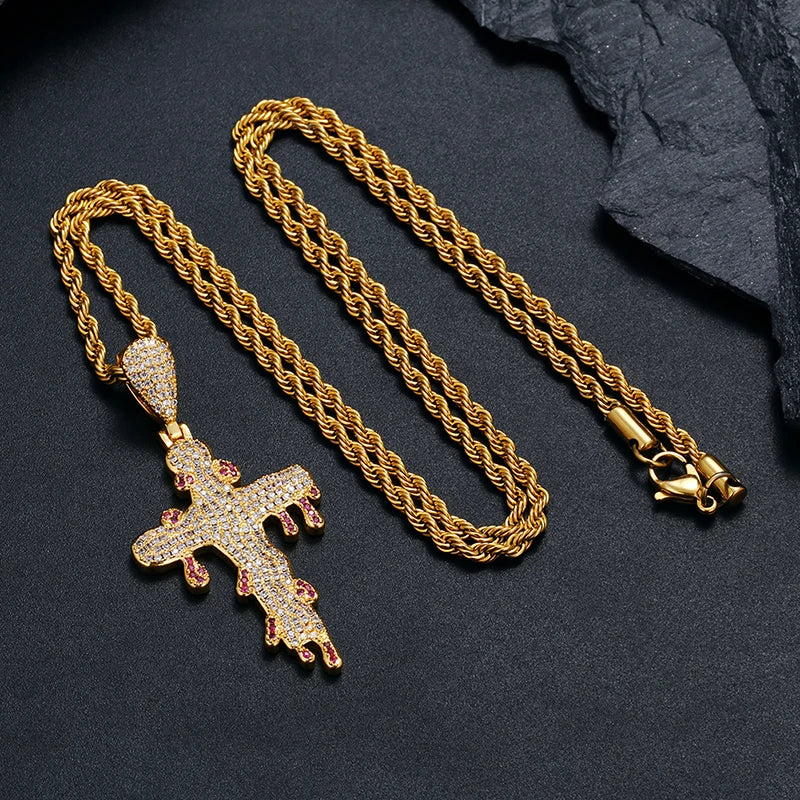 Iced Out Dripping Cross Pendant w Rope Chain