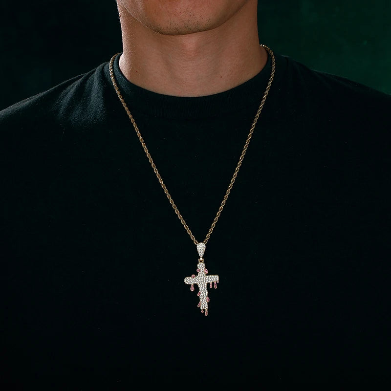 Iced Out Dripping Cross Pendant w Rope Chain