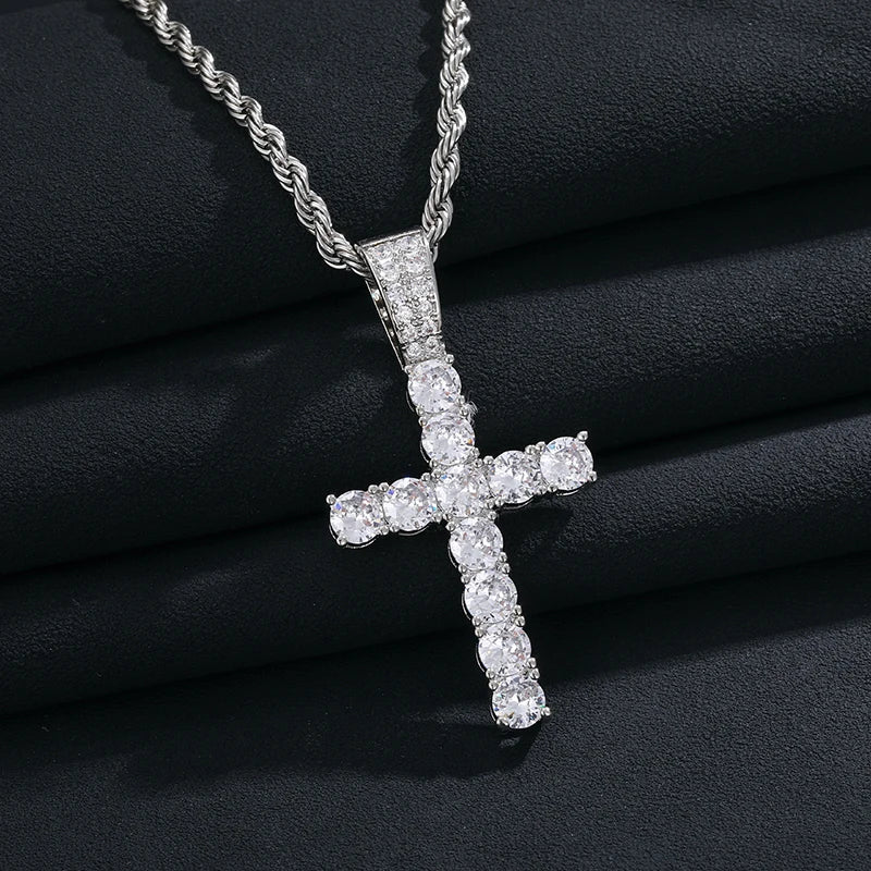 Iced Out CZ Cross Pendant w Rope Chain